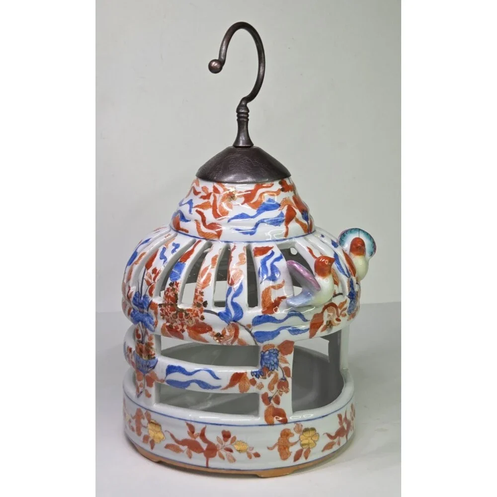Vintage Chinoiserie Ceramic Bird Cage Candle Holder Lantern Hanger Gold Imari